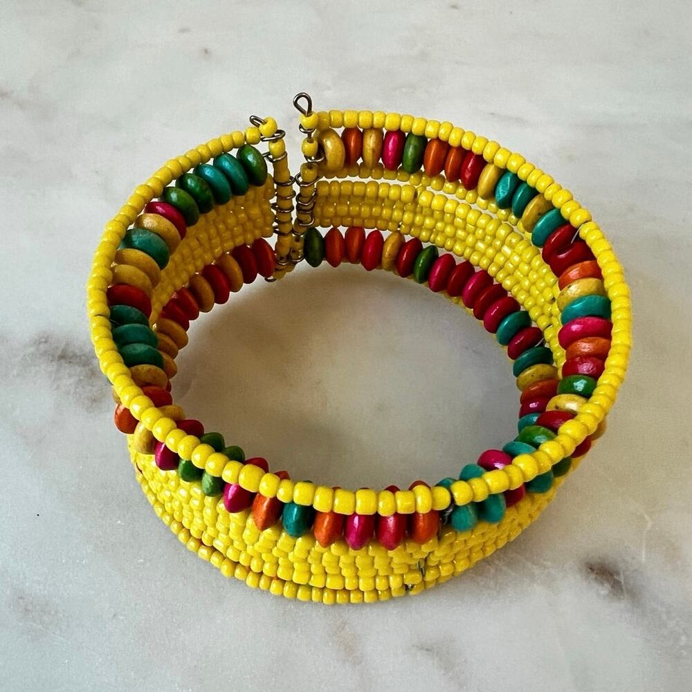 Yellow and Multi Colored Boho Chic Beaded Cuff Bracelet Wire